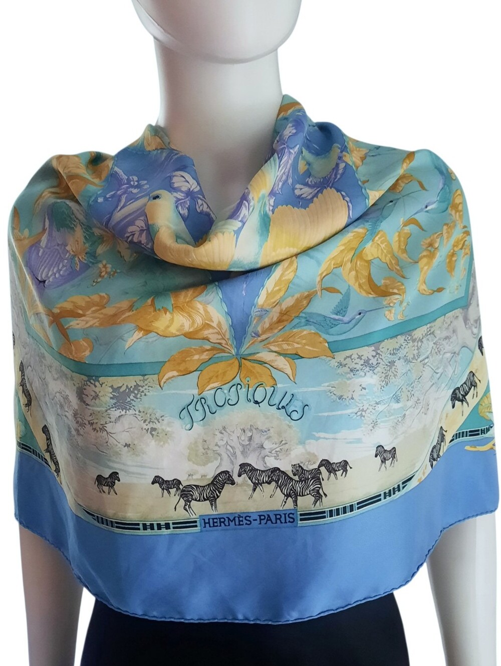 Vintage HERMÈS Tropiques Silk Twill Scarf 90cm Blue/Multi (Altered/Trim Added)
